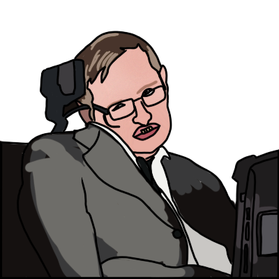 A portrait of the theoretical physicist Stephen Hawking.  He is a white man with glasses in a powerchair, wearing a suit. The powerchair has an AAC device attached to it on a mount.